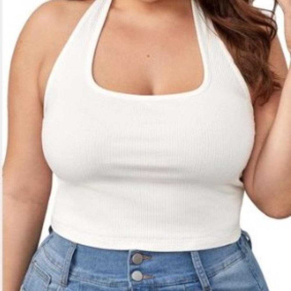 SLEEVELESS BACKLESS RIB KNIT CROP HALTER TOP
